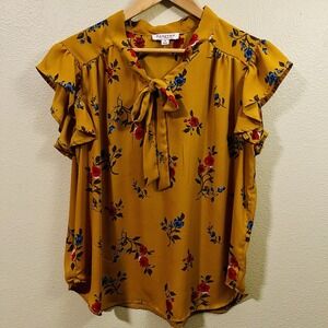 Tempted Floral Top With Bow Flutter Sleeves Mustard Yellow Fall Dressy Size 1X‎